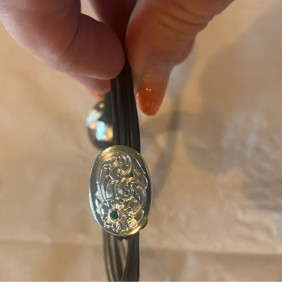 NWOT Silver and Black leather adjustable bracelet with green crystal accents. - Picture 7 of 7